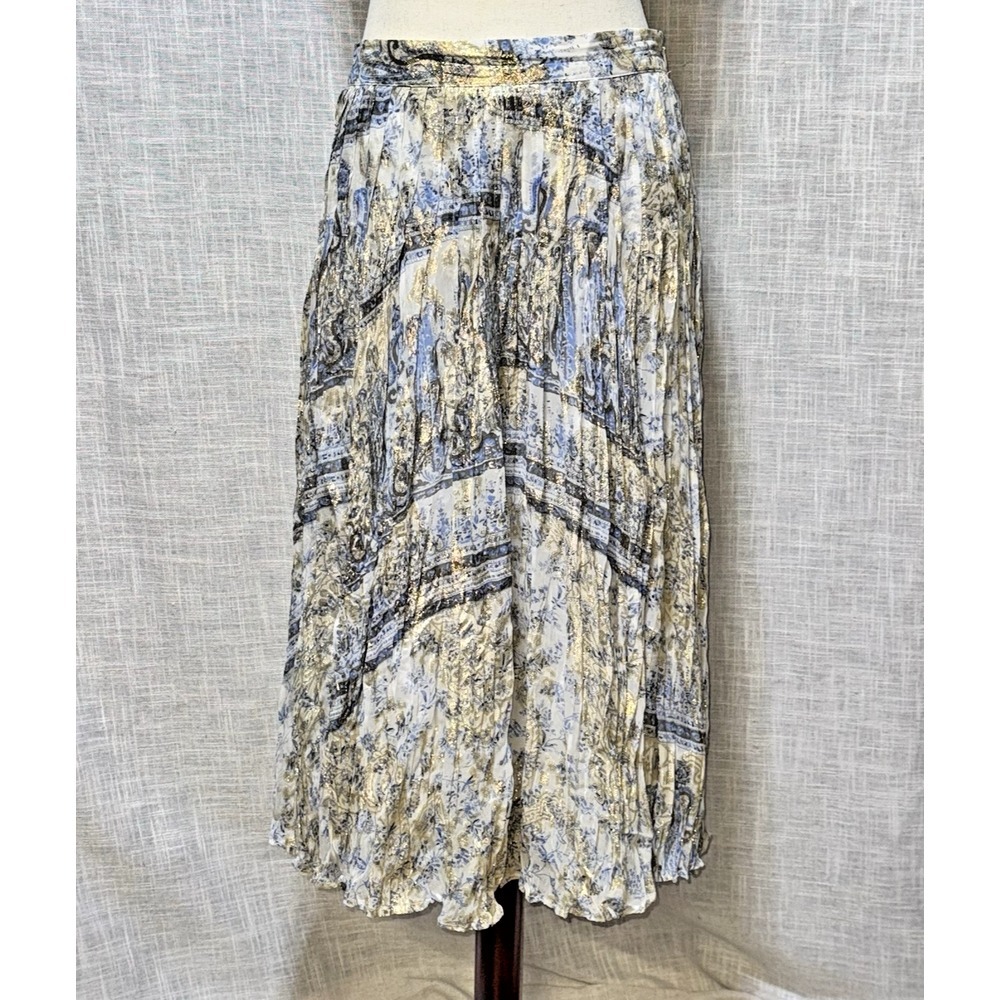 Soft Surroundings Midi Skirt Women Medium Petite Blue Gold Silk Metallic Paisley